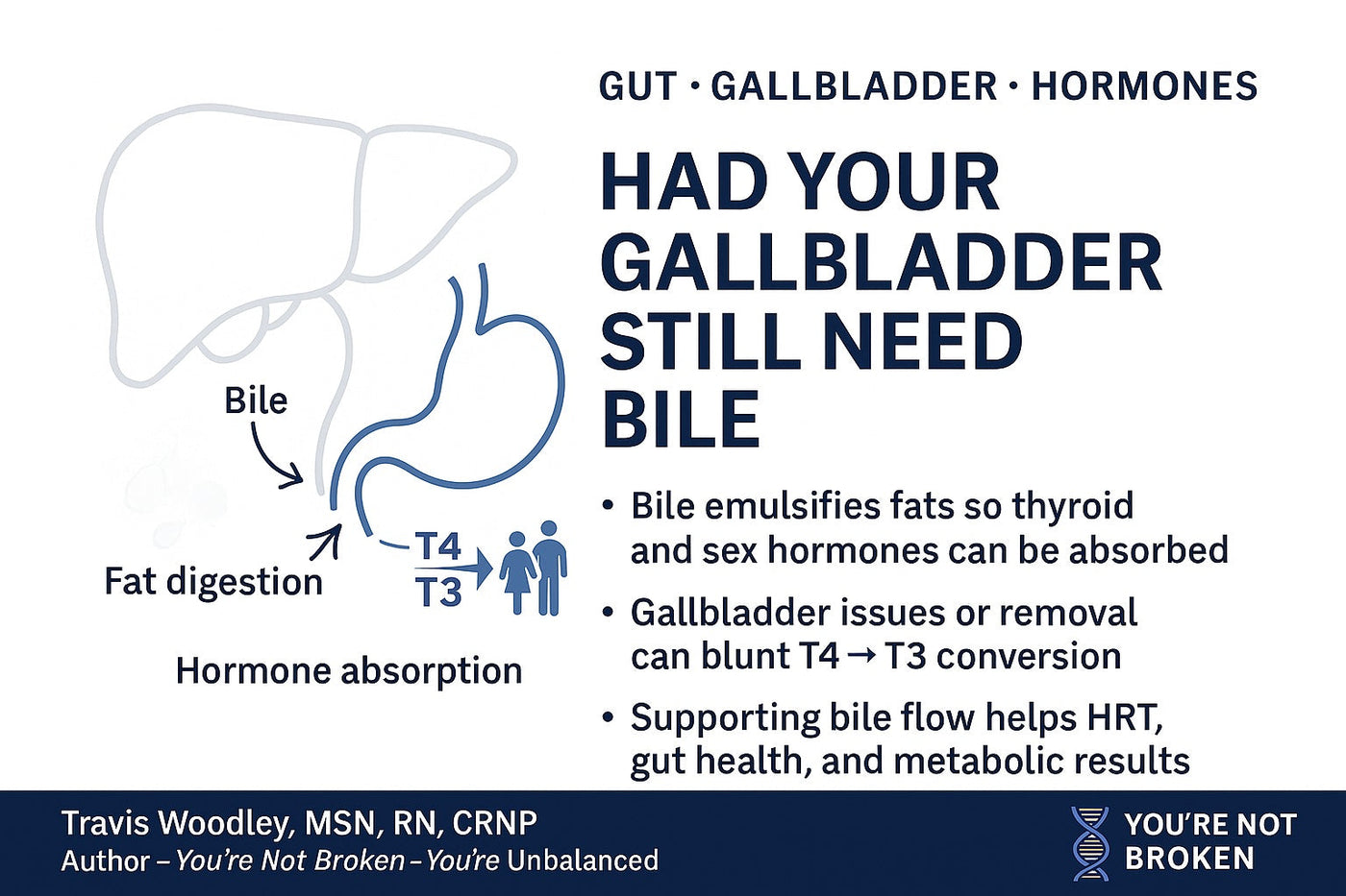 Learn how gallbladder and bile flow affect fat digestion, estrogen clearance, T4→T3 conversion, GLP-1 signaling, gut health and midlife weight gain—before/after removal.