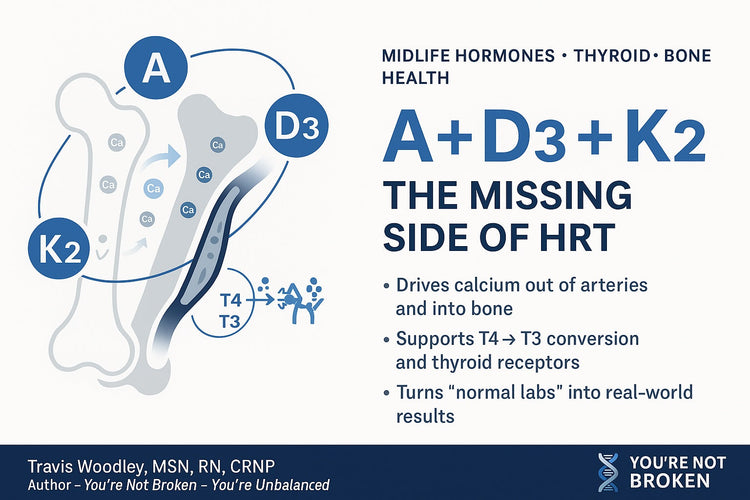 Vitamin A, D3 & K2: the ADK blueprint for midlife—calcium direction, thyroid conversion, hormone receptors, bone density, arteries, energy, metabolism.