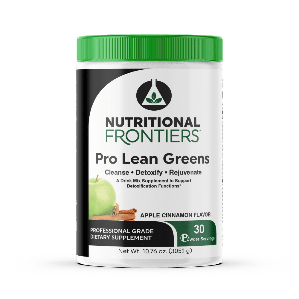 Pro Lean Greens: easy-mix greens + enzymes & probiotics with spirulina, chlorella, NAC and S-acetyl glutathione to support detox & GI health.